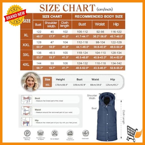 Plus Size Long Puffer Vest Hooded Sleeveless Quilted Winter Jacket - Picture 7 of 8